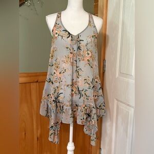 Anthro MAEVE Floral Sheer Sleeveless Tunic Gray Peach Ruffle Size Small